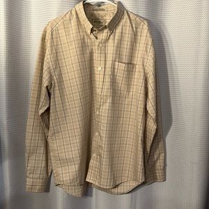 Eddie Bauer Button Down Collared Long Sleeve Cream & Tan Plaid Size large shirt.